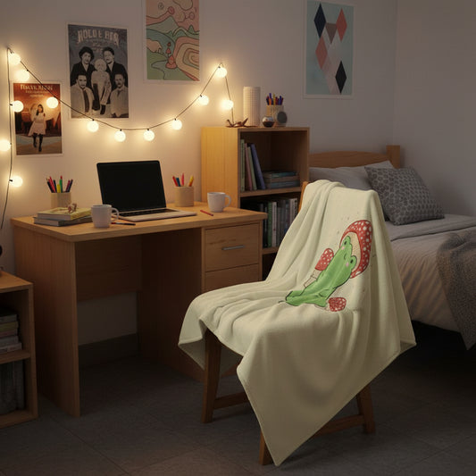 A light beige throw blanket featuring a cartoon illustration of a green frog wearing a red and white polka-dot mushroom cap.