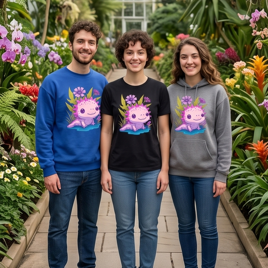 Three people standing in a greenhouse path surrounded by lush tropical plants and flowers, wearing matching graphic sweatshirts with a pink cartoon axolotl design.
