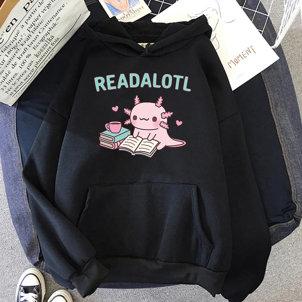 Kawaii "ReadAlotl" Axolotl Fleece-Lined Pullover Hoodie