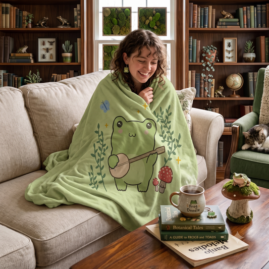 A woman sits on a beige sofa in a cozy living room, wrapped in a light green blanket featuring a cartoon frog playing a guitar, mushrooms, and small plants. The room has wooden bookshelves, a window, and a coffee table with books and a mug.