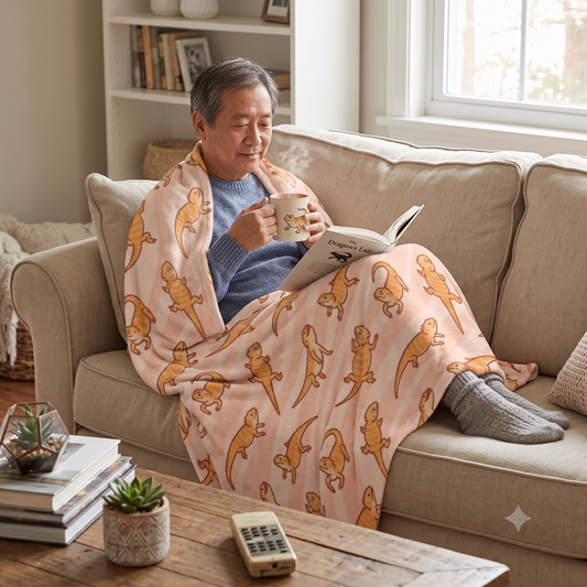 A man sits on a beige sofa in a cozy living room, wrapped in a light pink blanket printed with a repeating cartoon bearded dragon pattern. He holds a mug and reads a book.