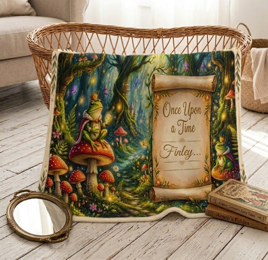 Personalized Enchanted Forest Blanket with Name - Once Upon a Time Frog Prince and Toadstool Fairytale Fleece Throw for Kids and Babies