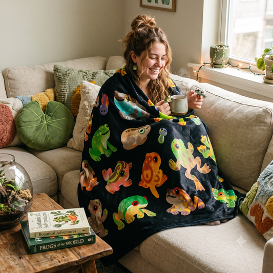 A woman sits on a beige sofa in a living room, wrapped in a dark blanket printed with colorful cartoon frogs. She holds a mug, with books and pillows visible around her.