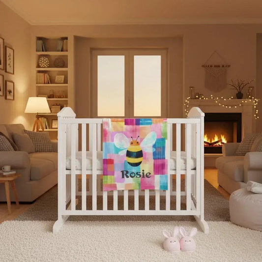 Personalized Bee Blanket | Custom Name | Cartoon Bumblebee Colorful Painted Patchwork Rainbow Fleece Throw Gift