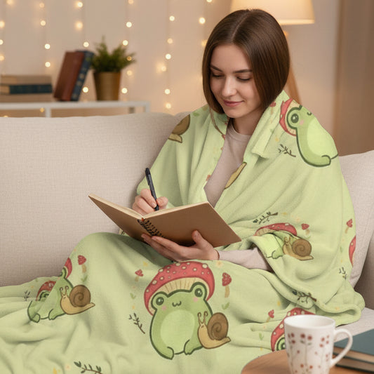 a blanket featuring a repeating cartoon pattern of green frogs wearing red mushroom hats and holding snails.