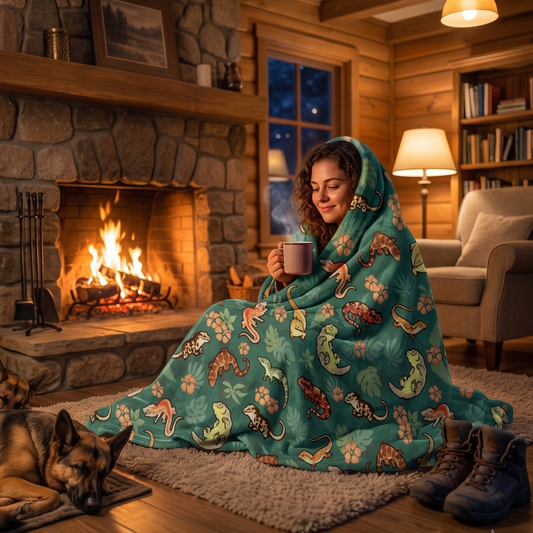 A cozy indoor scene with a woman sitting by a fireplace, wrapped in a teal blanket with a new caledonian gecko pattern