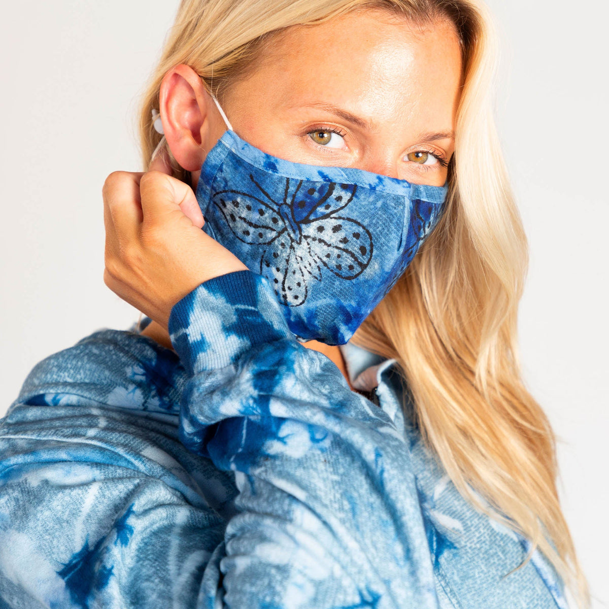 Tie-Dyed Butterfly Cotton Face Mask & Button Headband Set