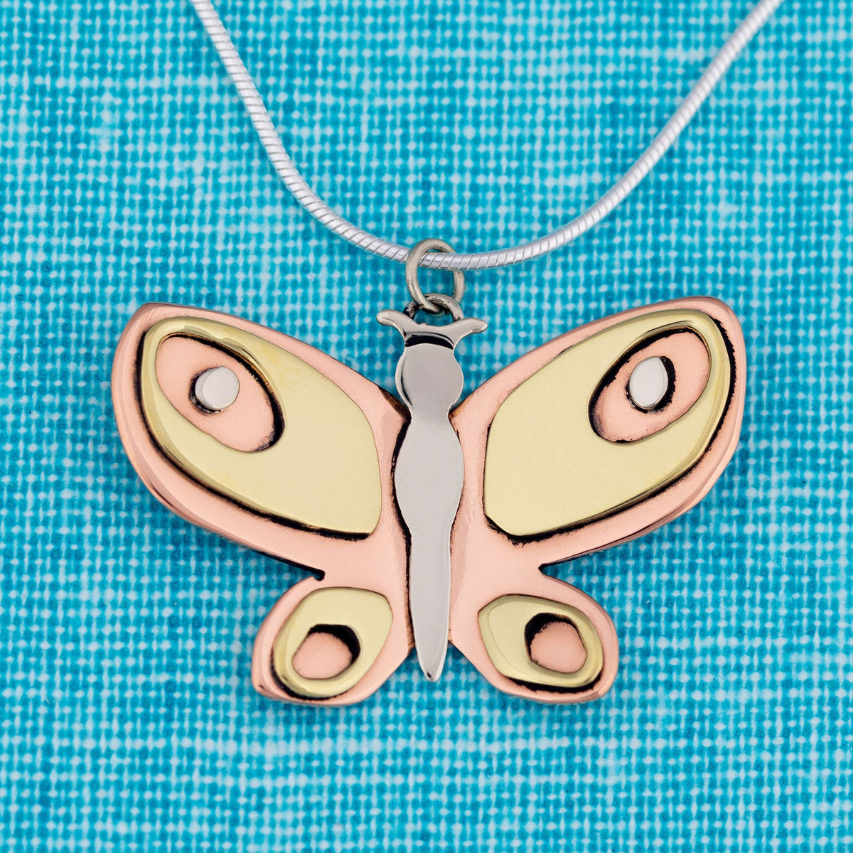 Handcrafted Tri-Metal Butterfly Pendant Necklace