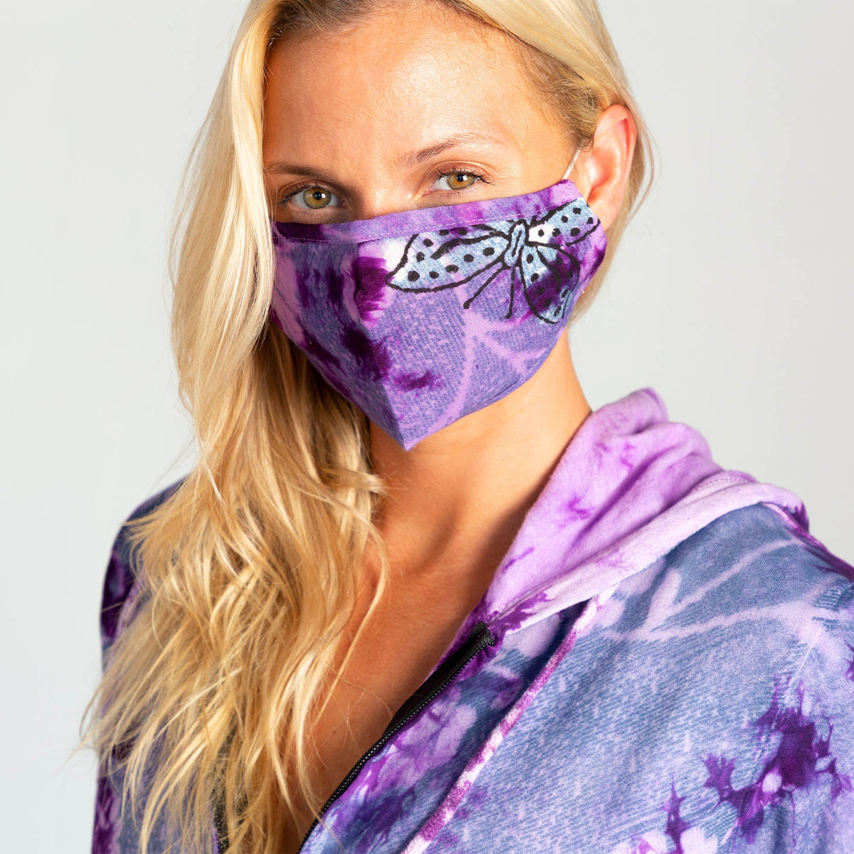 Tie-Dyed Butterfly Cotton Face Mask & Button Headband Set