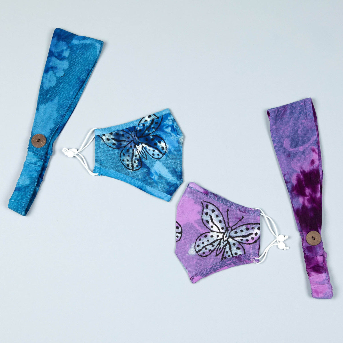 Tie-Dyed Butterfly Cotton Face Mask & Button Headband Set