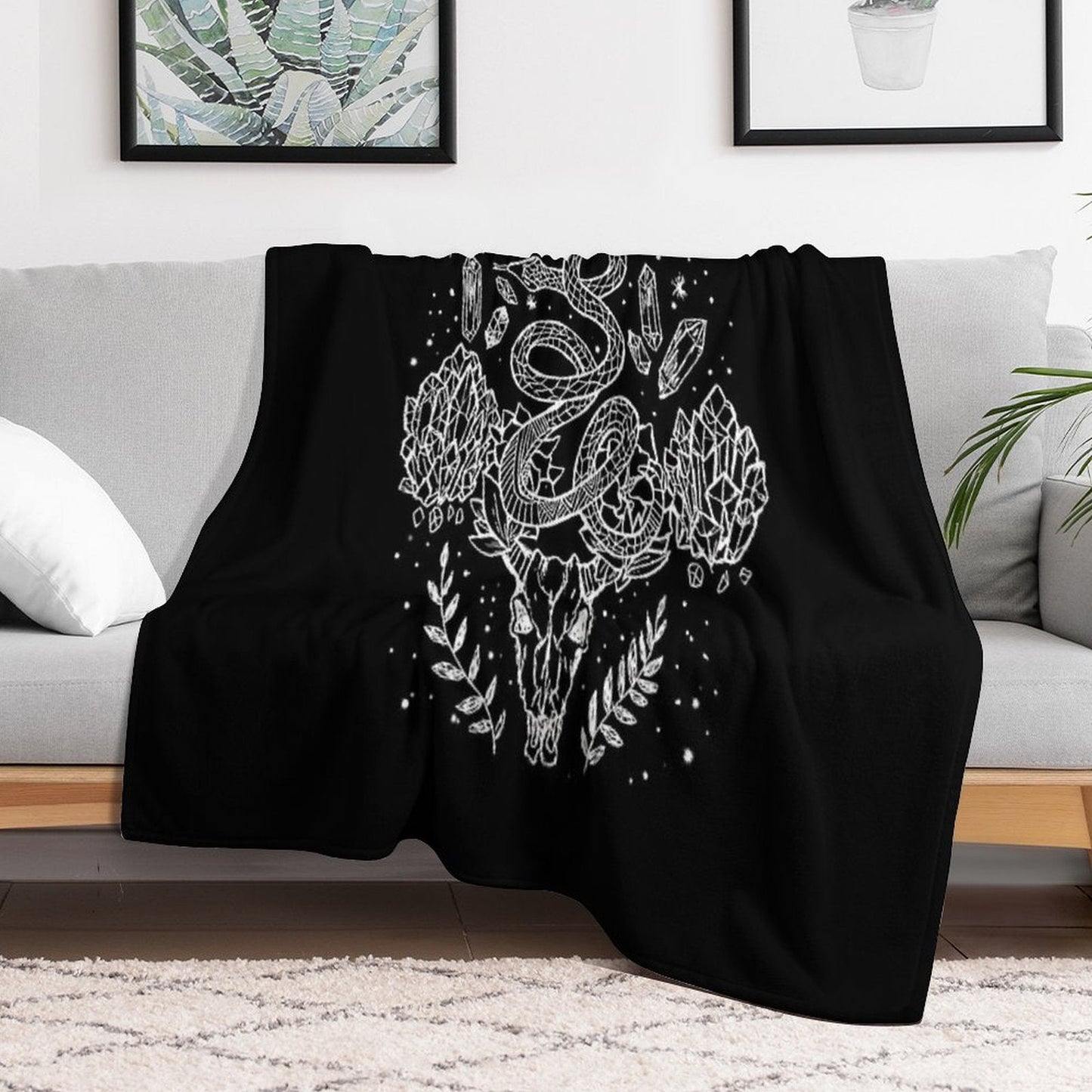 Moon Phases, Snakes, And Crystals Witchy Design Throw Blanket