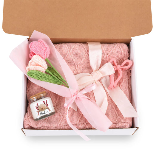 Axolotl "Calm" Cozy Care Package – 4-Piece Plush Blanket & Crochet Bouquet Gift Set