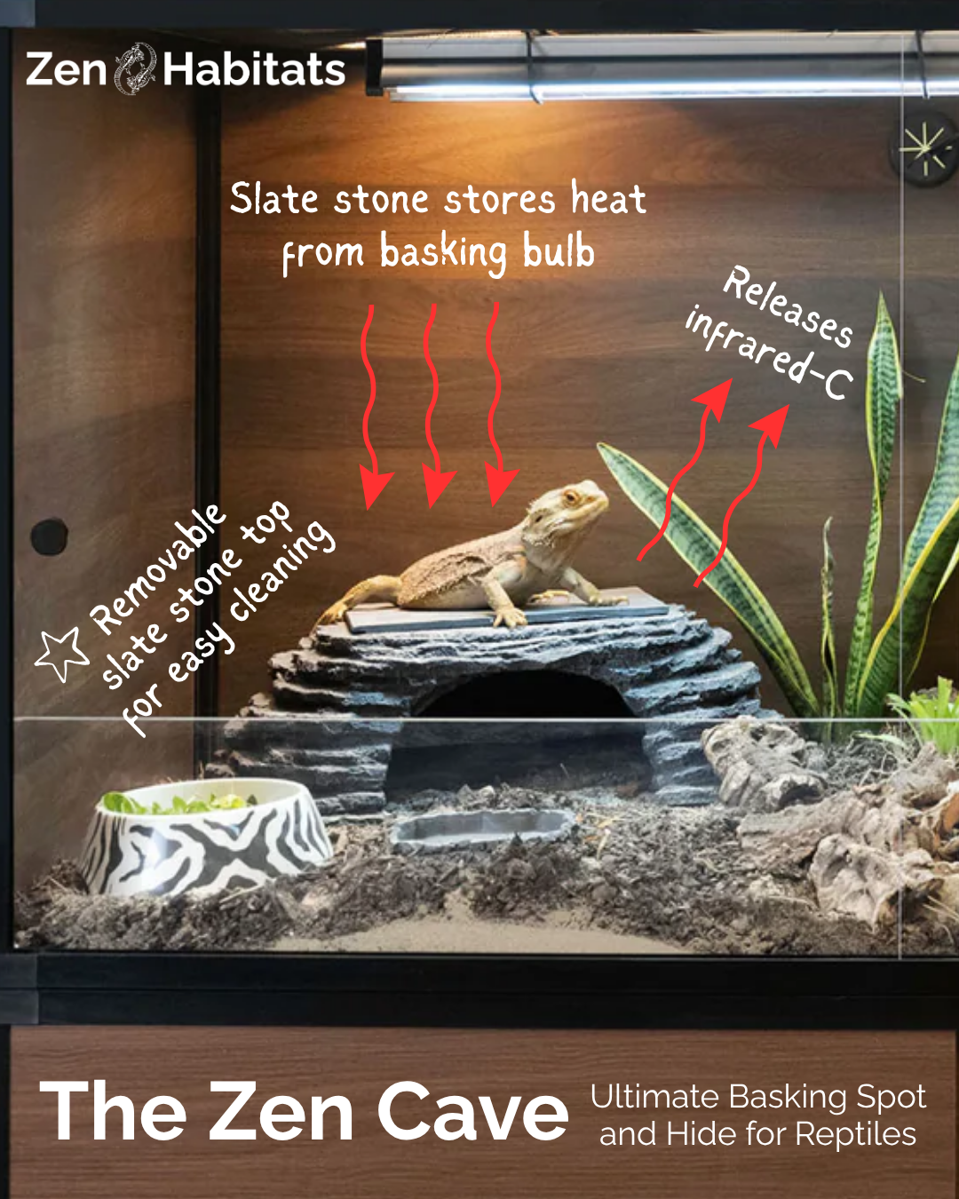 Zen Cave with 9"x7" Slate Stone – Ultimate Basking and Hiding Spot for Reptiles