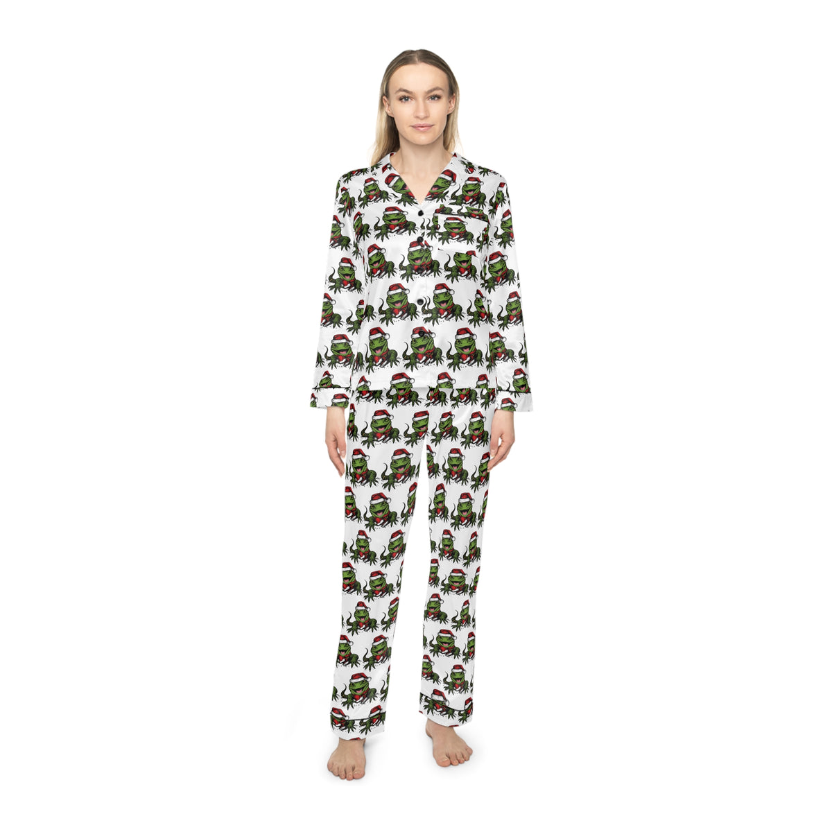 Festive Reptile Mischief Long-Sleeve Satin Pajama Set
