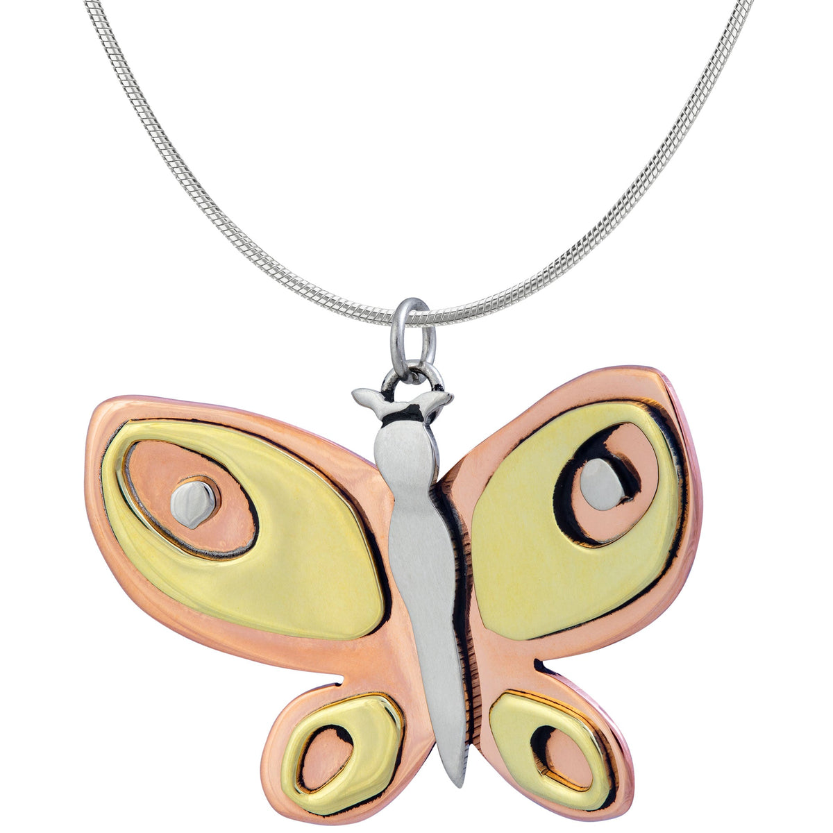 Handcrafted Tri-Metal Butterfly Pendant Necklace