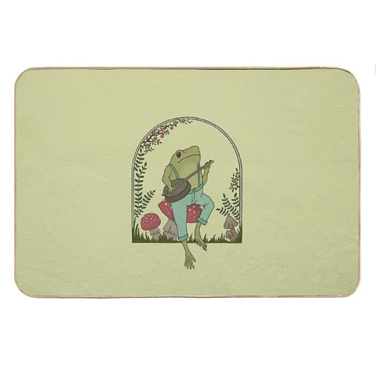 Cottagecore Aesthetic Frog Playing Banjo on Mushroom Cute Vintage Goblincore Farmer Toad in Garden, Emo Grunge Fairycore Bath Mat