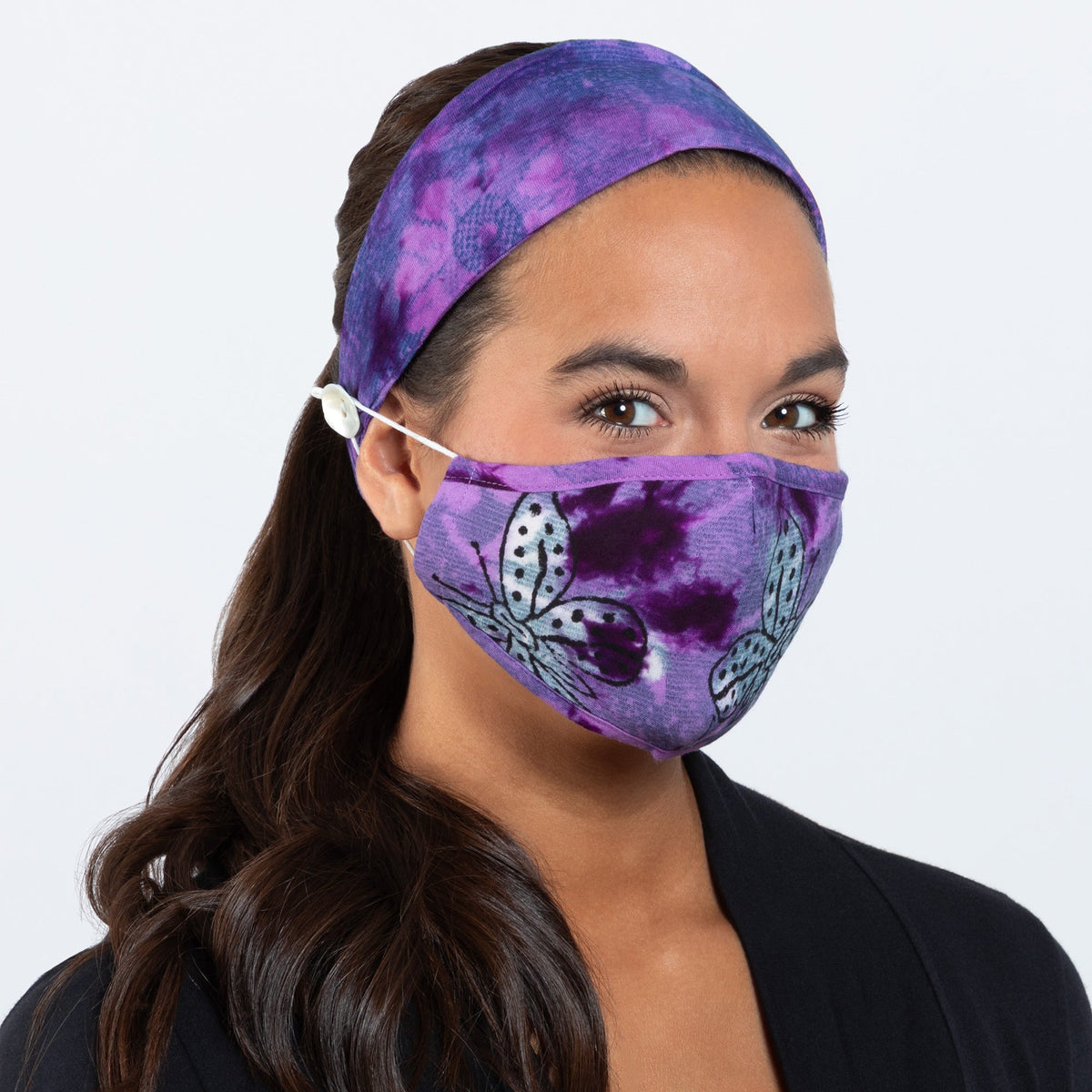Tie-Dyed Butterfly Cotton Face Mask & Button Headband Set