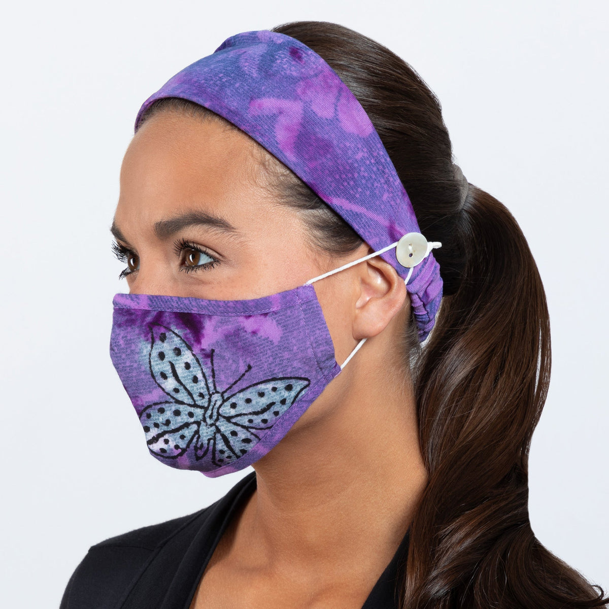 Tie-Dyed Butterfly Cotton Face Mask & Button Headband Set
