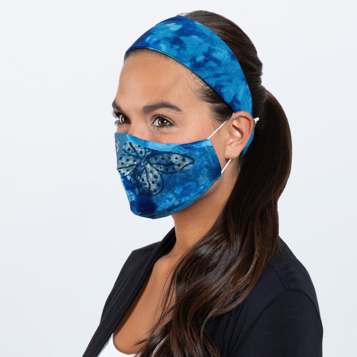 Tie-Dyed Butterfly Cotton Face Mask & Button Headband Set