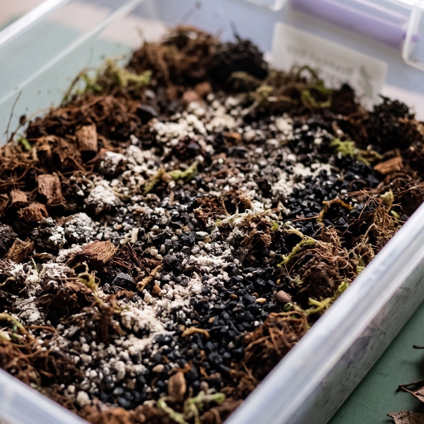 A clear plastic container filled with a DIY tropical base mix for reptiles, showing dark soil, wood chips, moss, and white perlite. The image includes a green banner on the left with the text 'Rachel's Reptile Reptile Resource' and 'DIY Tropical Base Mix'.