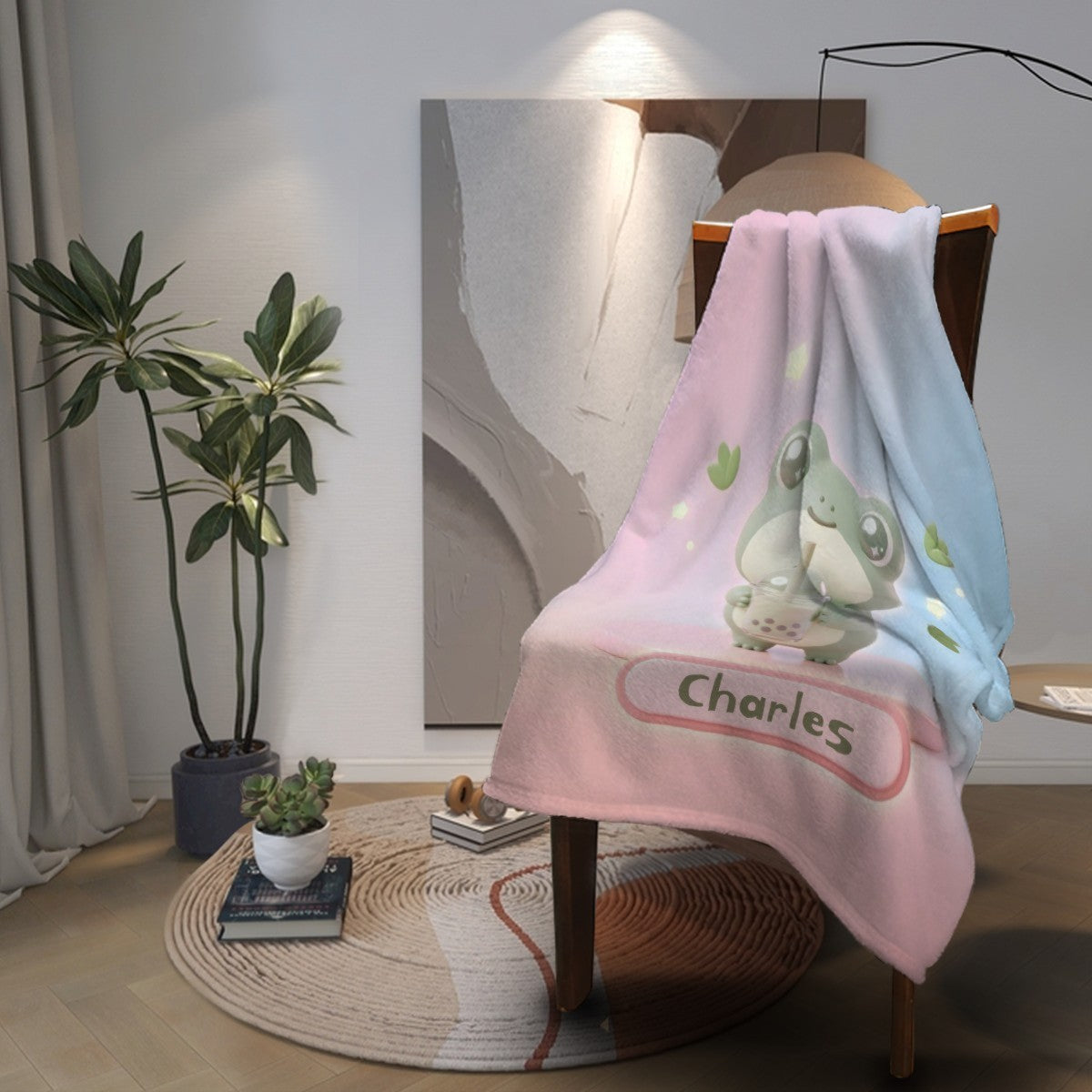 Personalized Kawaii Frog Boba Tea Blanket | Custom Name | Cute Frog Throw