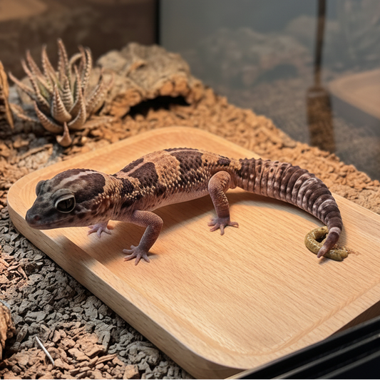 A leopard gecko rests on a light wood tray inside a glass terrarium with wood logs, substrate, and a heat lamp visible.
