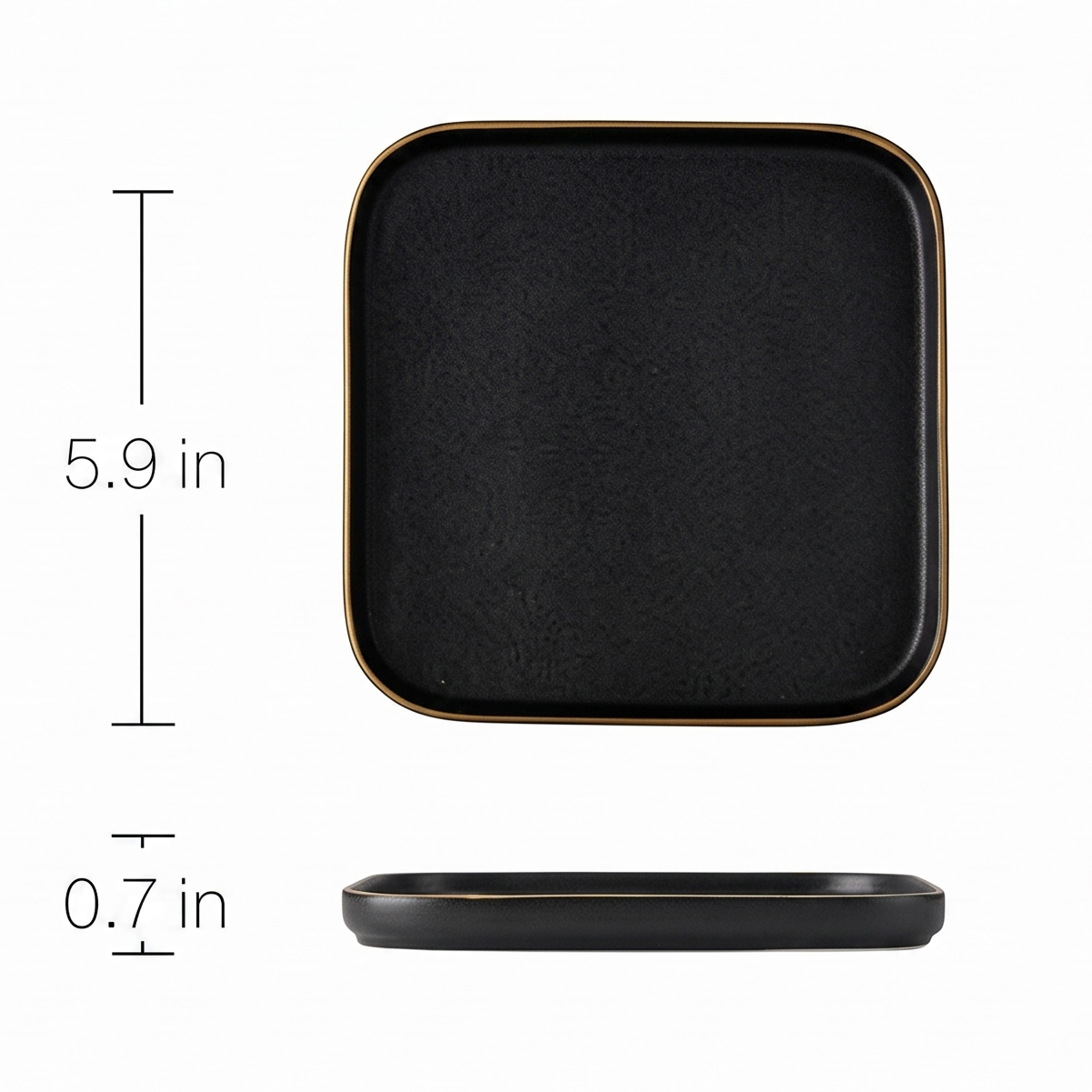 A square black tray with rounded corners and a thin metallic gold rim, shown from the top and side with dimension labels indicating 5.9 inches by 0.