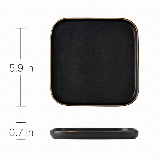 A square black tray with rounded corners and a thin metallic gold rim, shown from the top and side with dimension labels indicating 5.9 inches by 0.