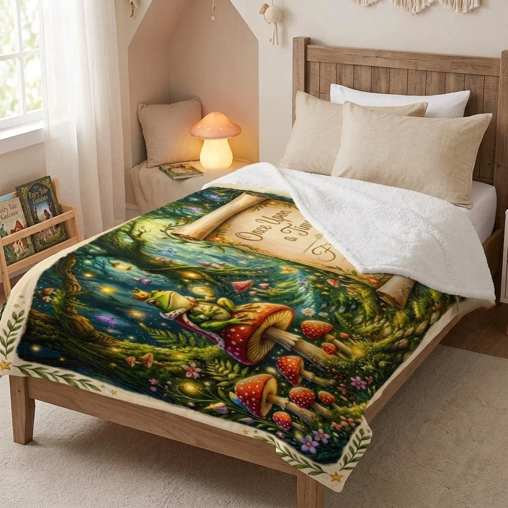 Personalized Enchanted Forest Blanket with Name - Once Upon a Time Frog Prince and Toadstool Fairytale Fleece Throw for Kids and Babies