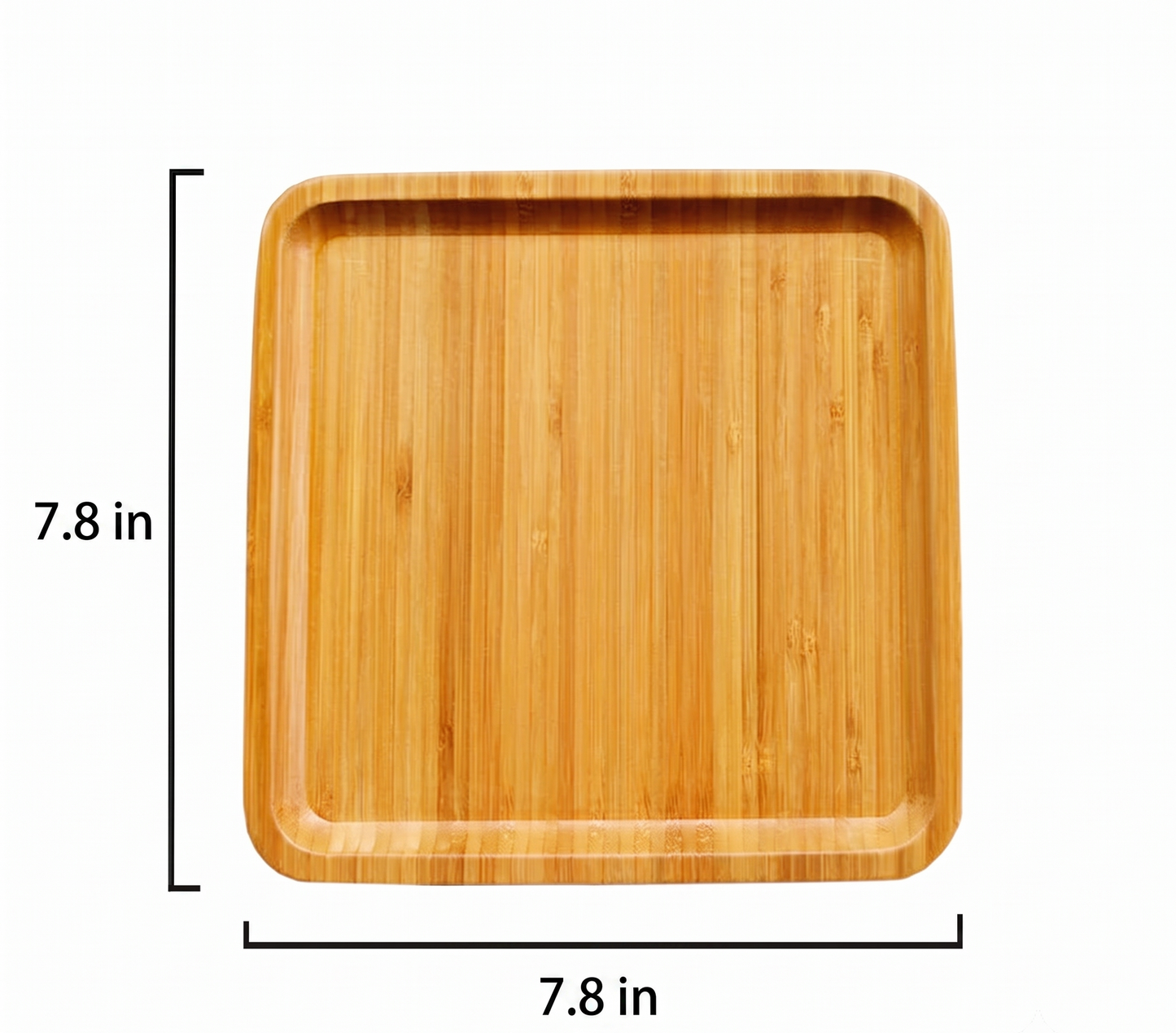 A square bamboo tray with rounded corners and raised edges, shown on a white background with black dimension lines and text indicating 7.8 in by 7.