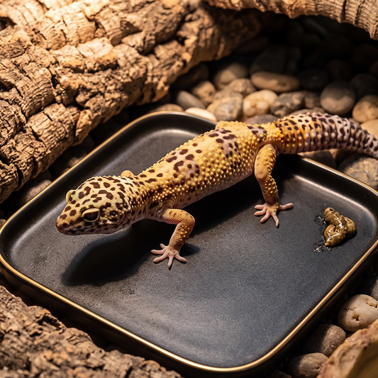 A leopard gecko rests on a small black tray with a gold rim, placed on a bed of wood bark and pebbles in a naturalistic enclosure setup.
