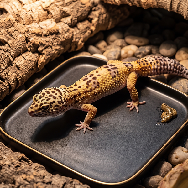 A leopard gecko rests on a small black tray with a gold rim, placed on a bed of wood bark and pebbles in a naturalistic enclosure setup.