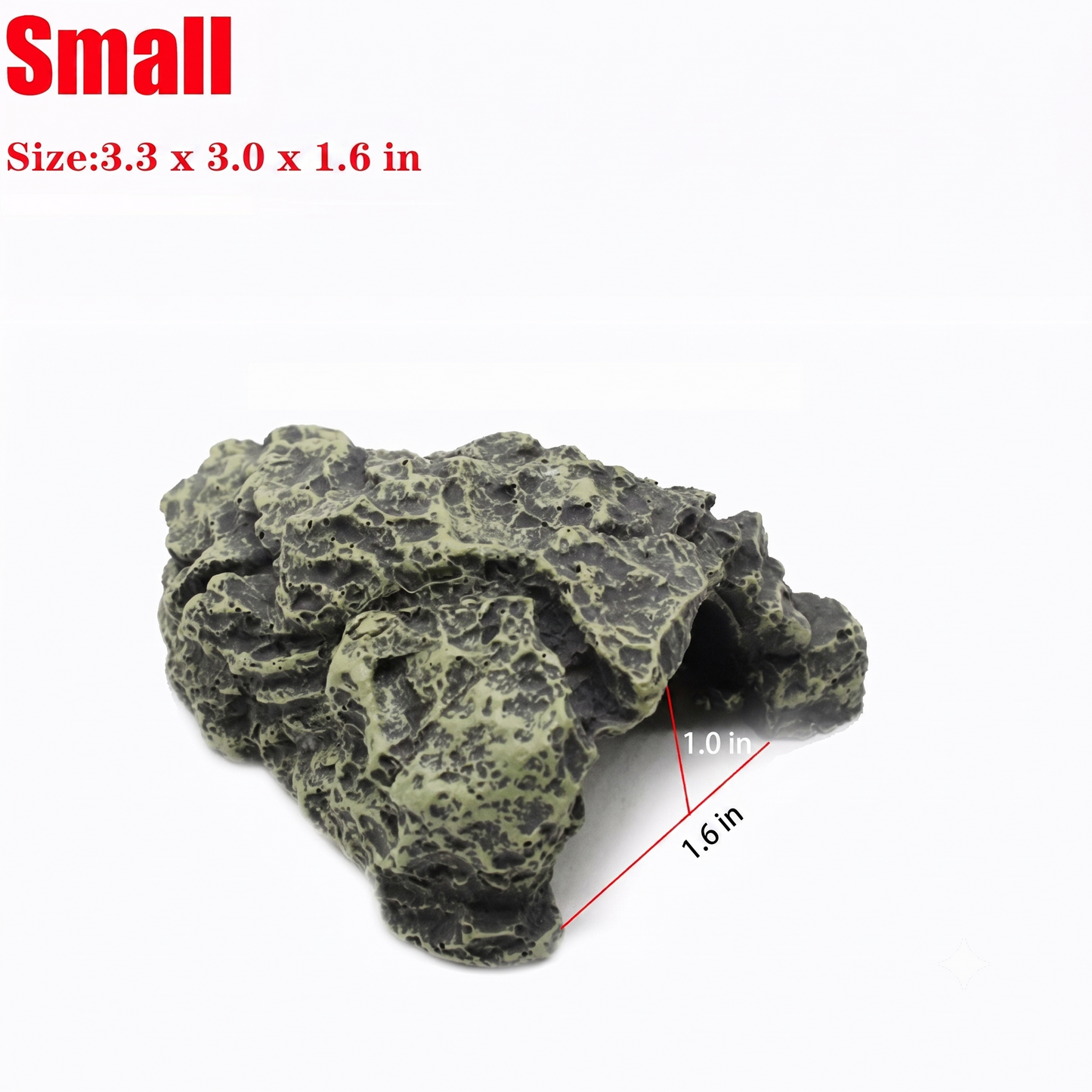 Small decorative rock with dimensions on a white background