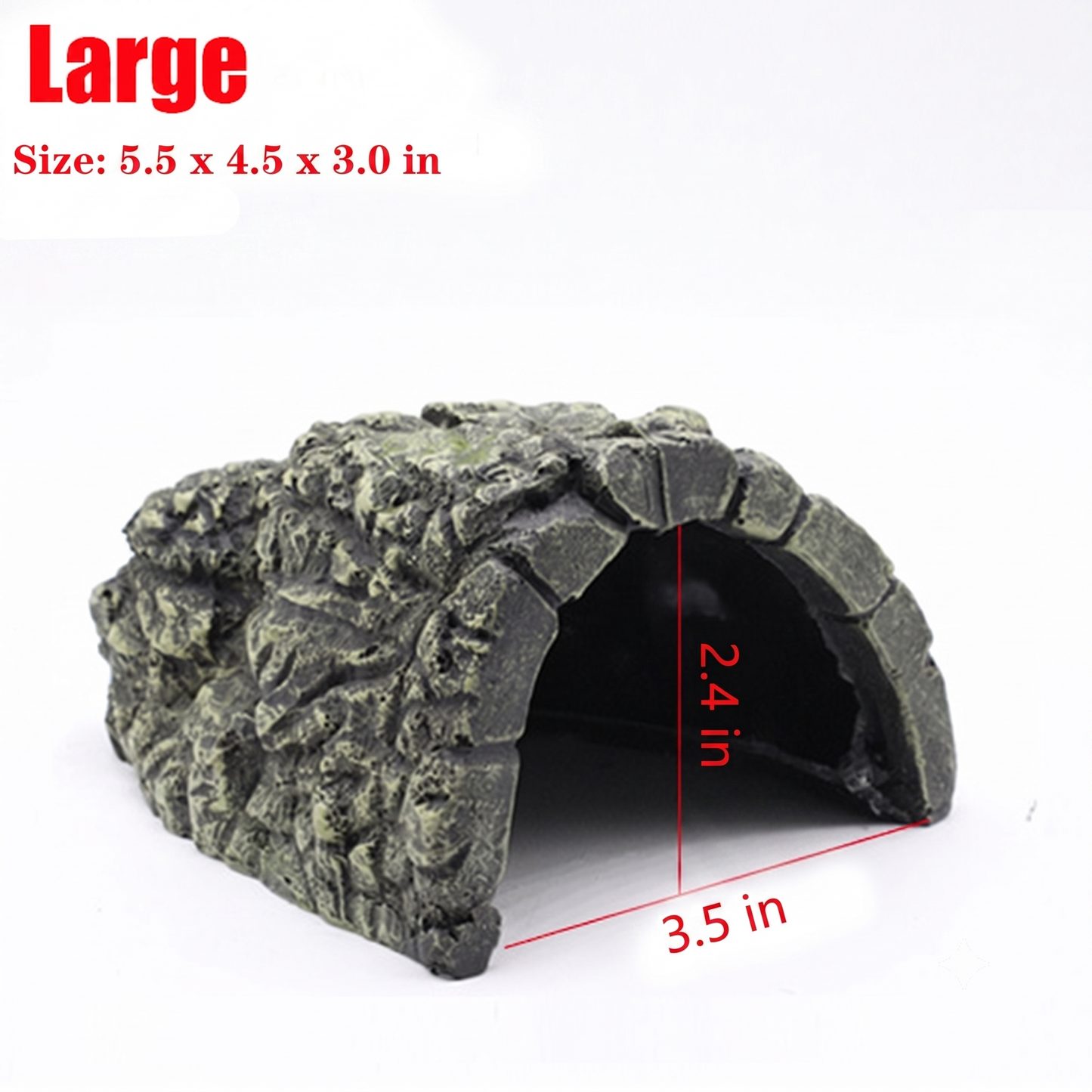 A large stone-look arched tunnel decoration with red dimension lines and text showing size 5.5 x 4.