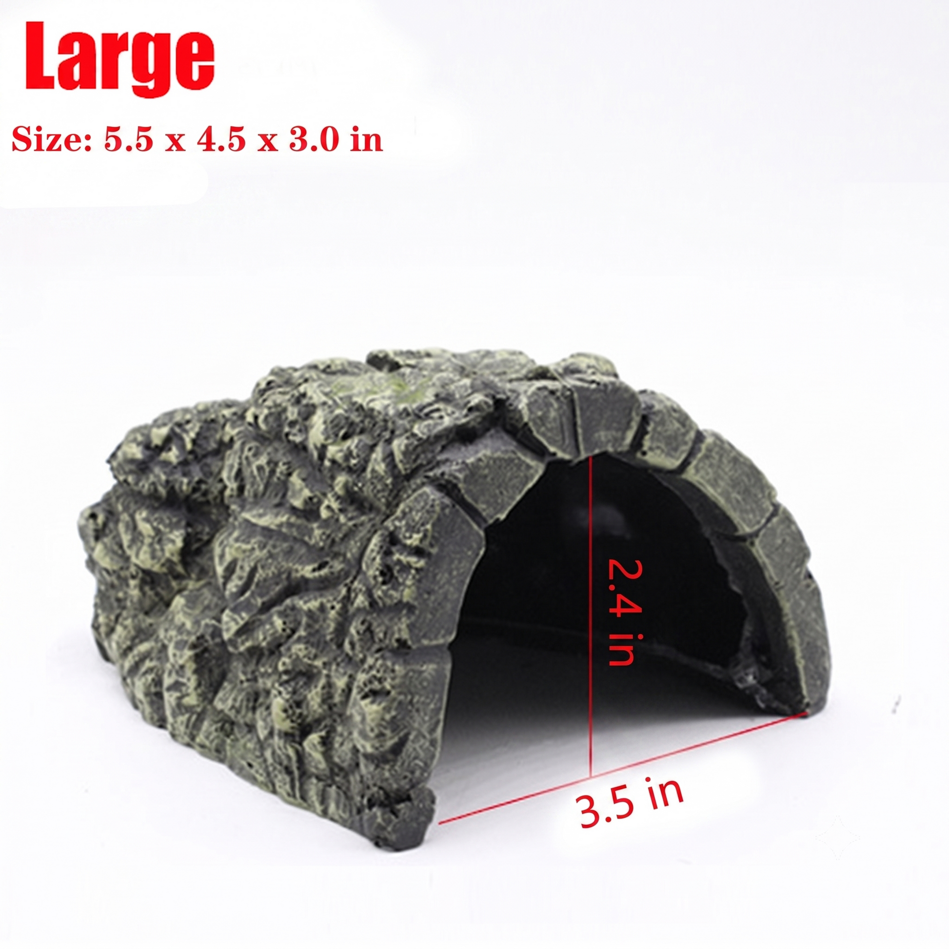 A large stone-look arched tunnel decoration with red dimension lines and text showing size 5.5 x 4.