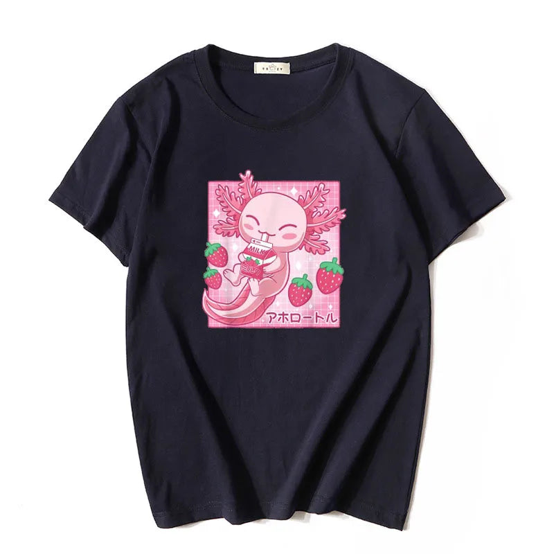 Kawaii Axolotl Strawberry Milk T-Shirt