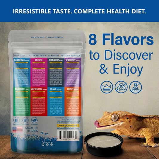 Gargeer 'Picky Geck' Discovery Kit | 8 Sachet Flavors to Test and Enjoy | Real Fruit & Insect Protein | No Fillers - Only Premium Ingredients