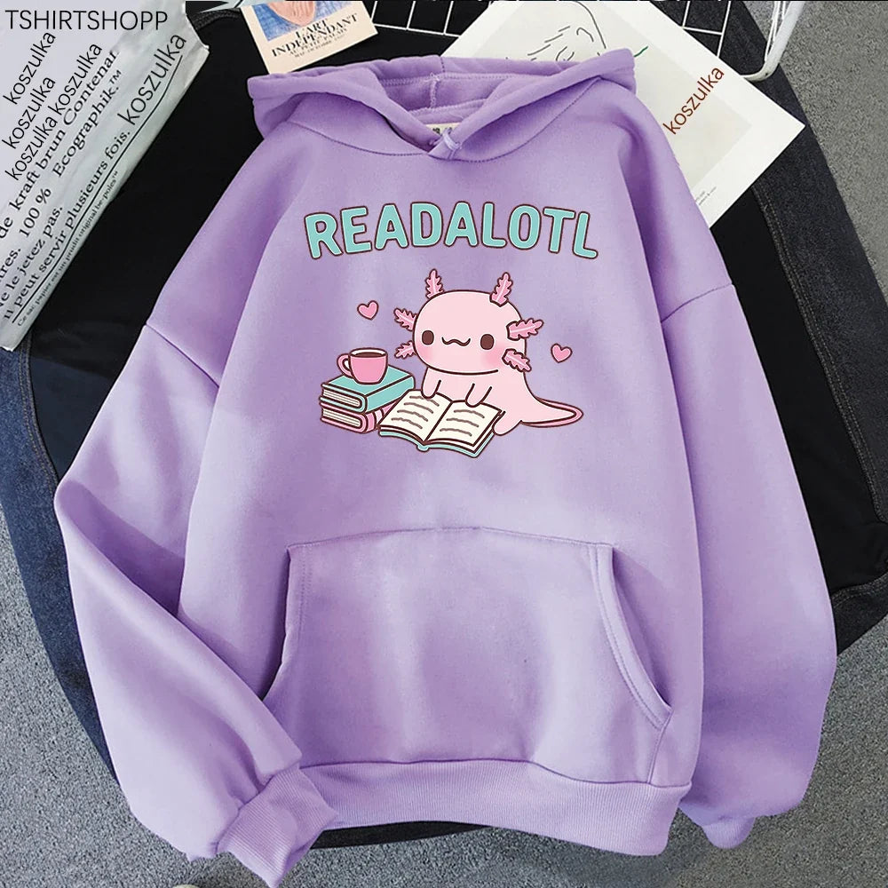 Kawaii "ReadAlotl" Axolotl Fleece-Lined Pullover Hoodie