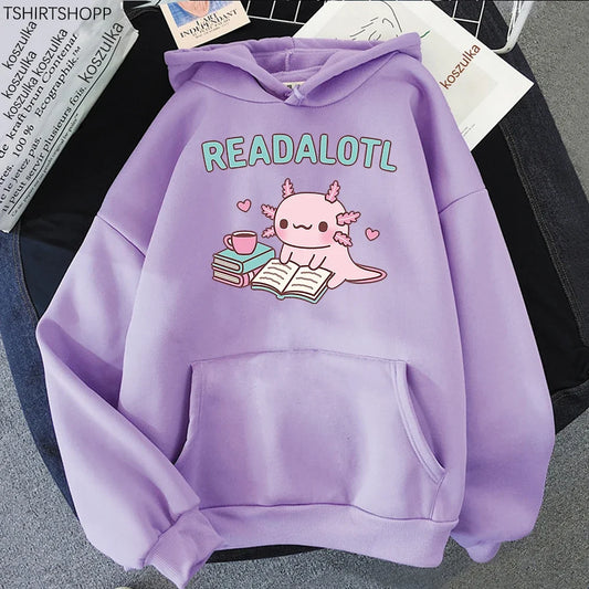 Kawaii "ReadAlotl" Axolotl Fleece-Lined Pullover Hoodie