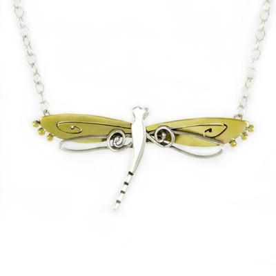 Handcrafted Mixed-Metal Dragonfly Sterling Silver Pendant Necklace