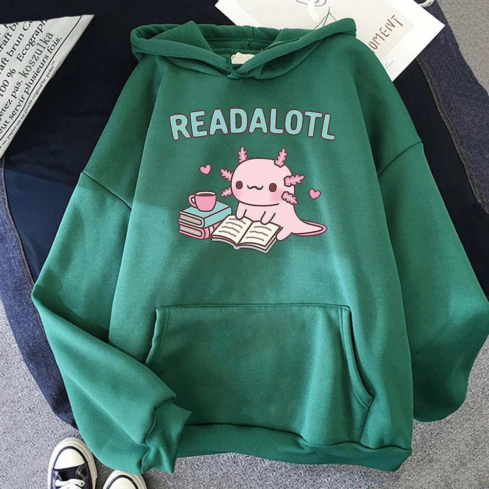 Kawaii "ReadAlotl" Axolotl Fleece-Lined Pullover Hoodie