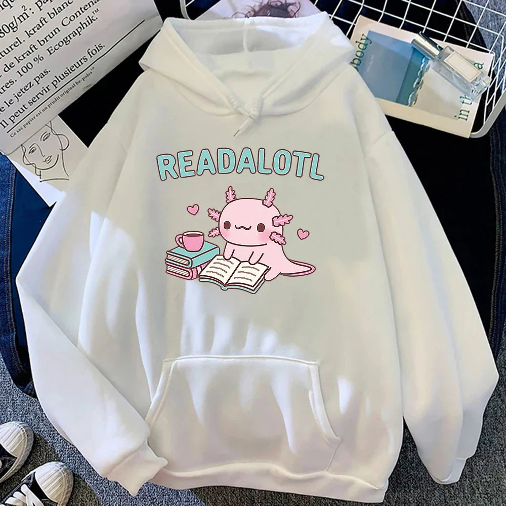 Kawaii "ReadAlotl" Axolotl Fleece-Lined Pullover Hoodie