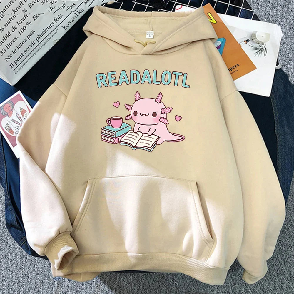 Kawaii "ReadAlotl" Axolotl Fleece-Lined Pullover Hoodie