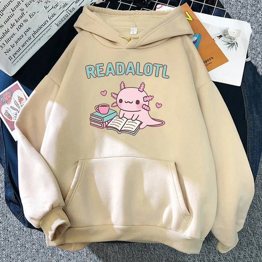 Kawaii "ReadAlotl" Axolotl Fleece-Lined Pullover Hoodie