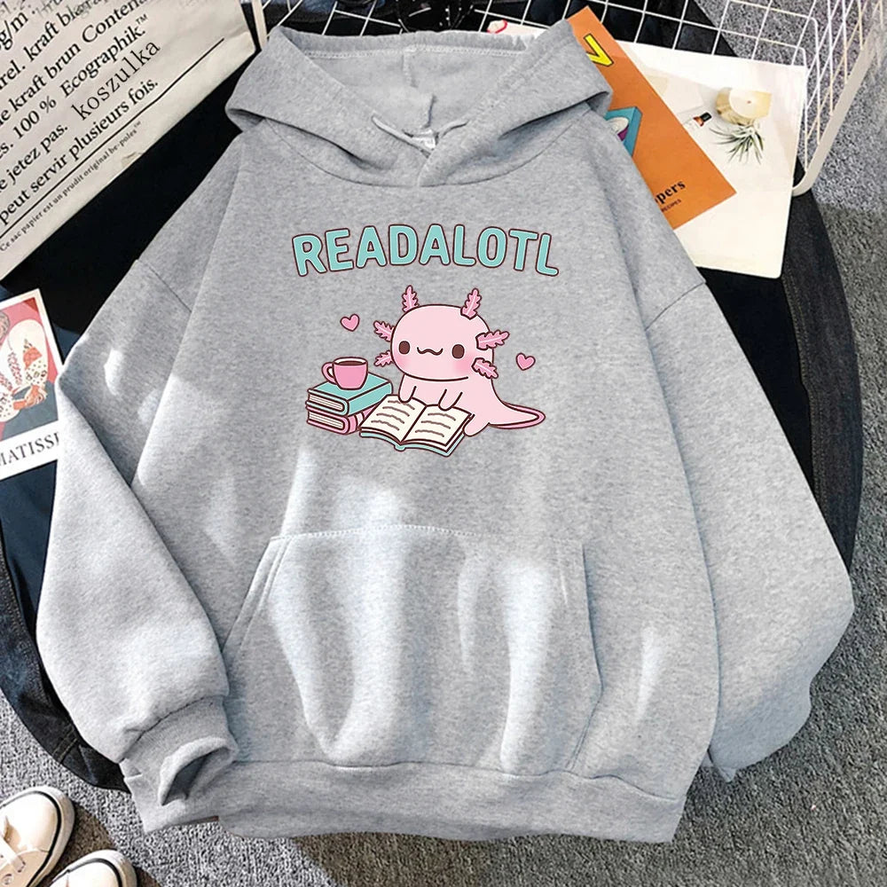 Kawaii "ReadAlotl" Axolotl Fleece-Lined Pullover Hoodie