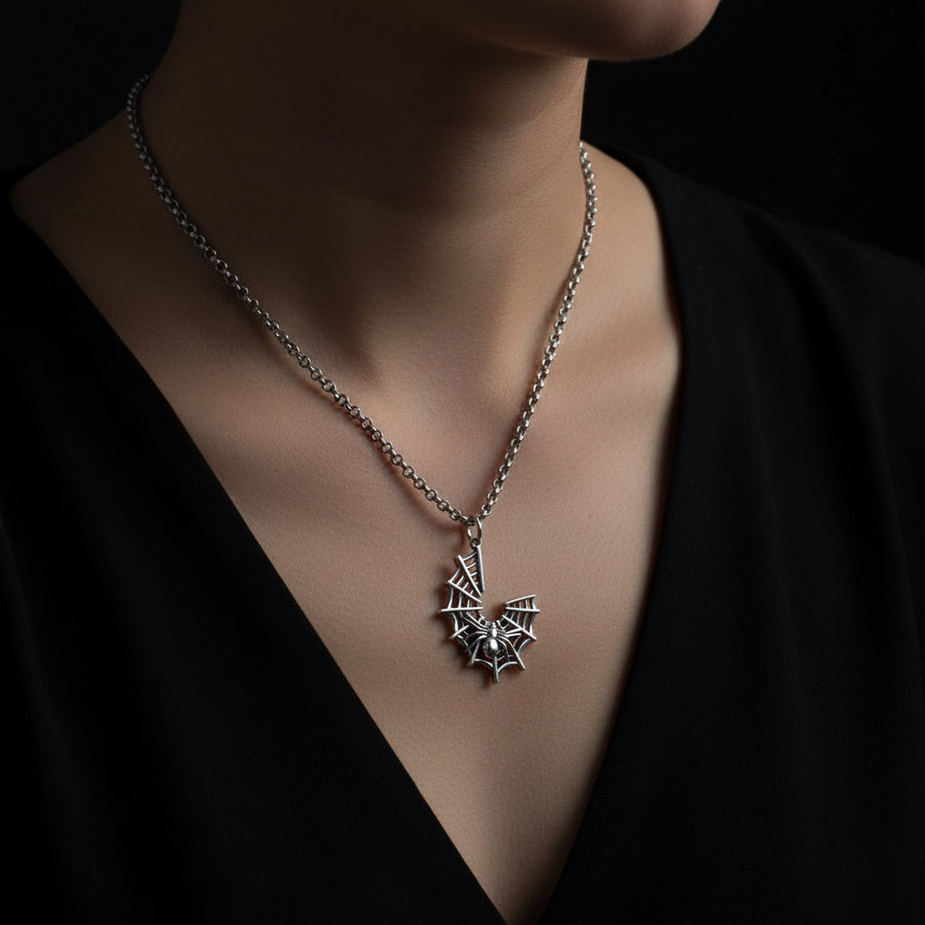 Silver chain necklace with a spider web pendant