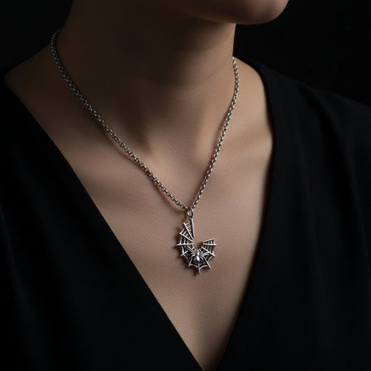 Silver chain necklace with a spider web pendant