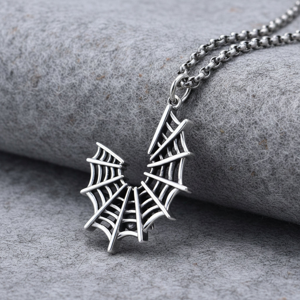 Silver spider web pendant on a chain 