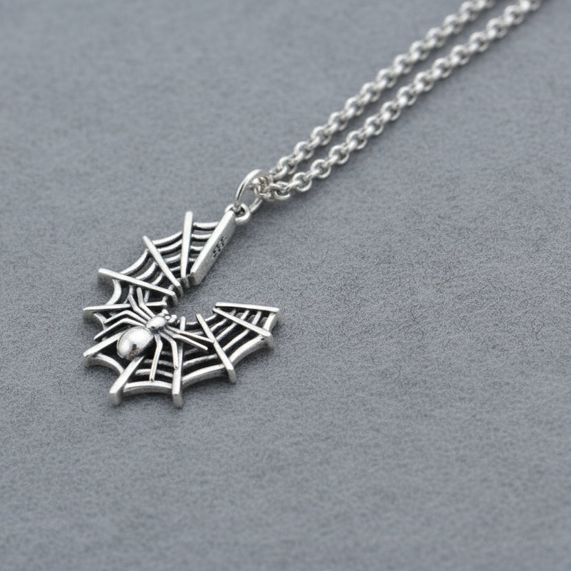 Silver spider web pendant on a chain 