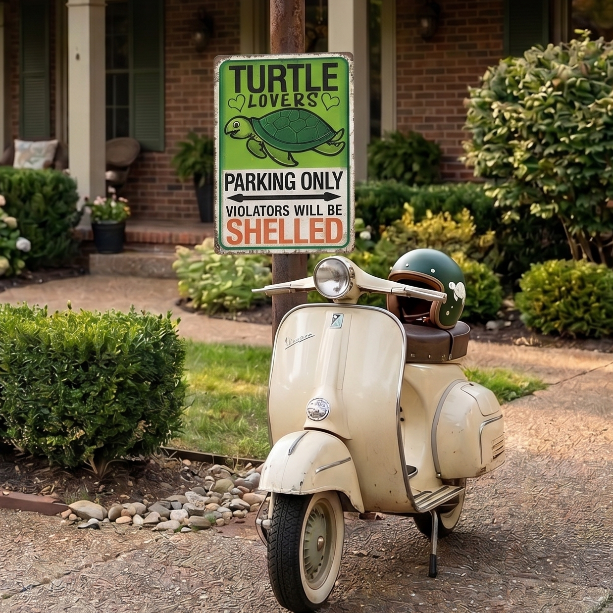A cream-colored vintage-style scooter parked on a suburban driveway in front of a brick house, with a green 'Turtle Lovers' parking sign behind it.